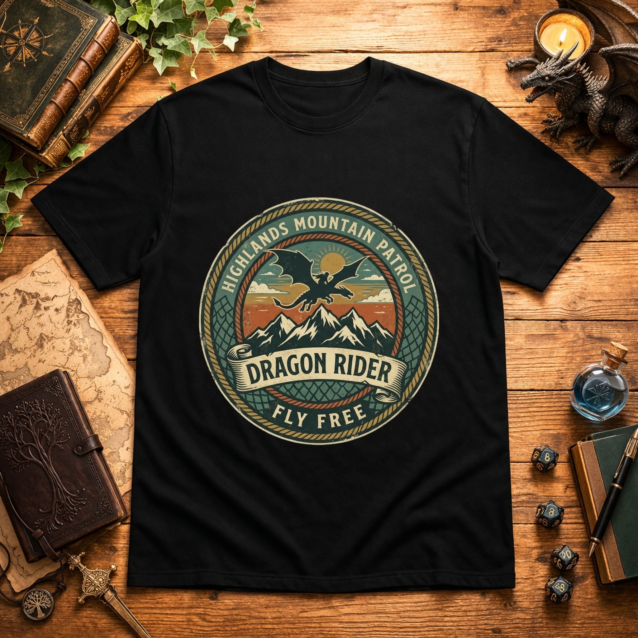 Highlands Mountain Patrol Dragon Rider T-Shirt | Vintage Adventure Logo