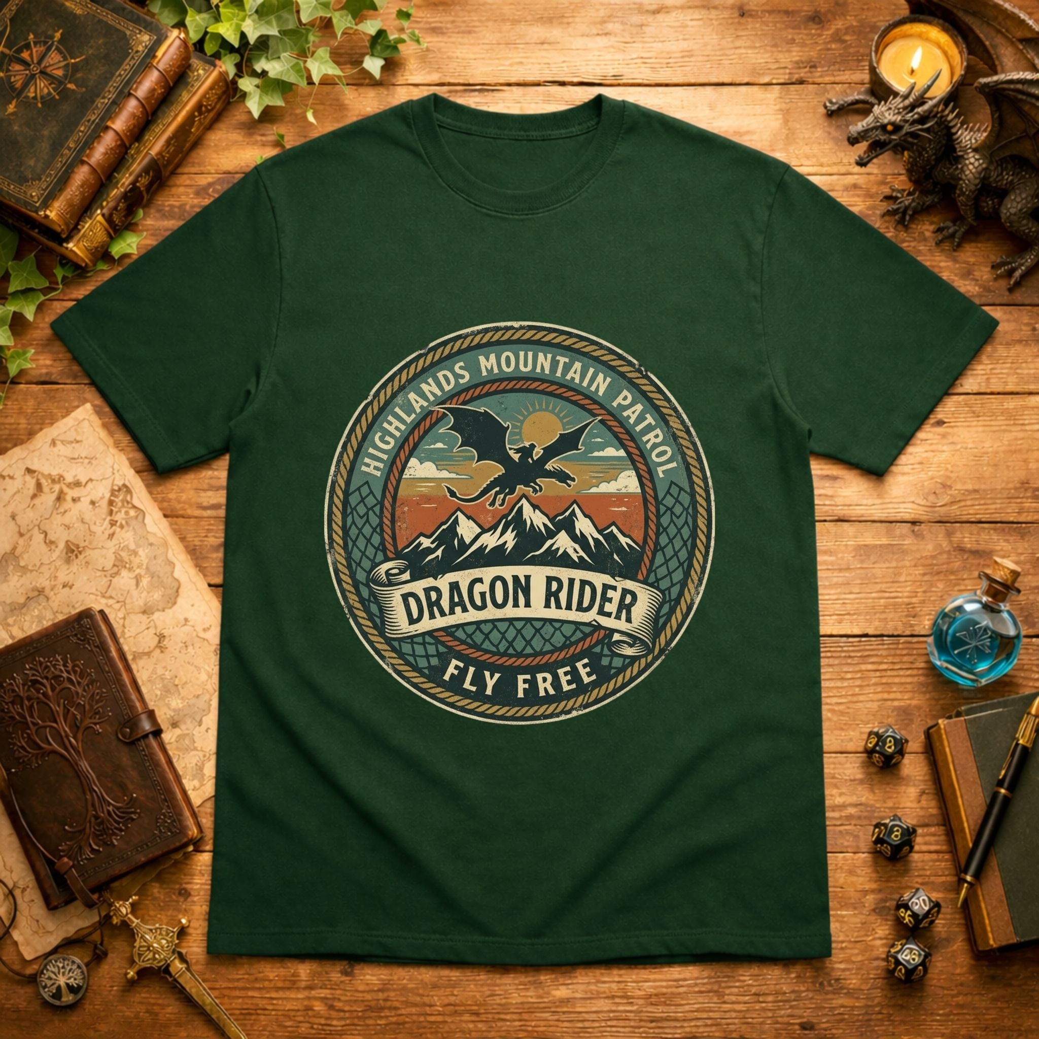 Highlands Mountain Patrol Dragon Rider T-Shirt | Vintage Adventure Logo