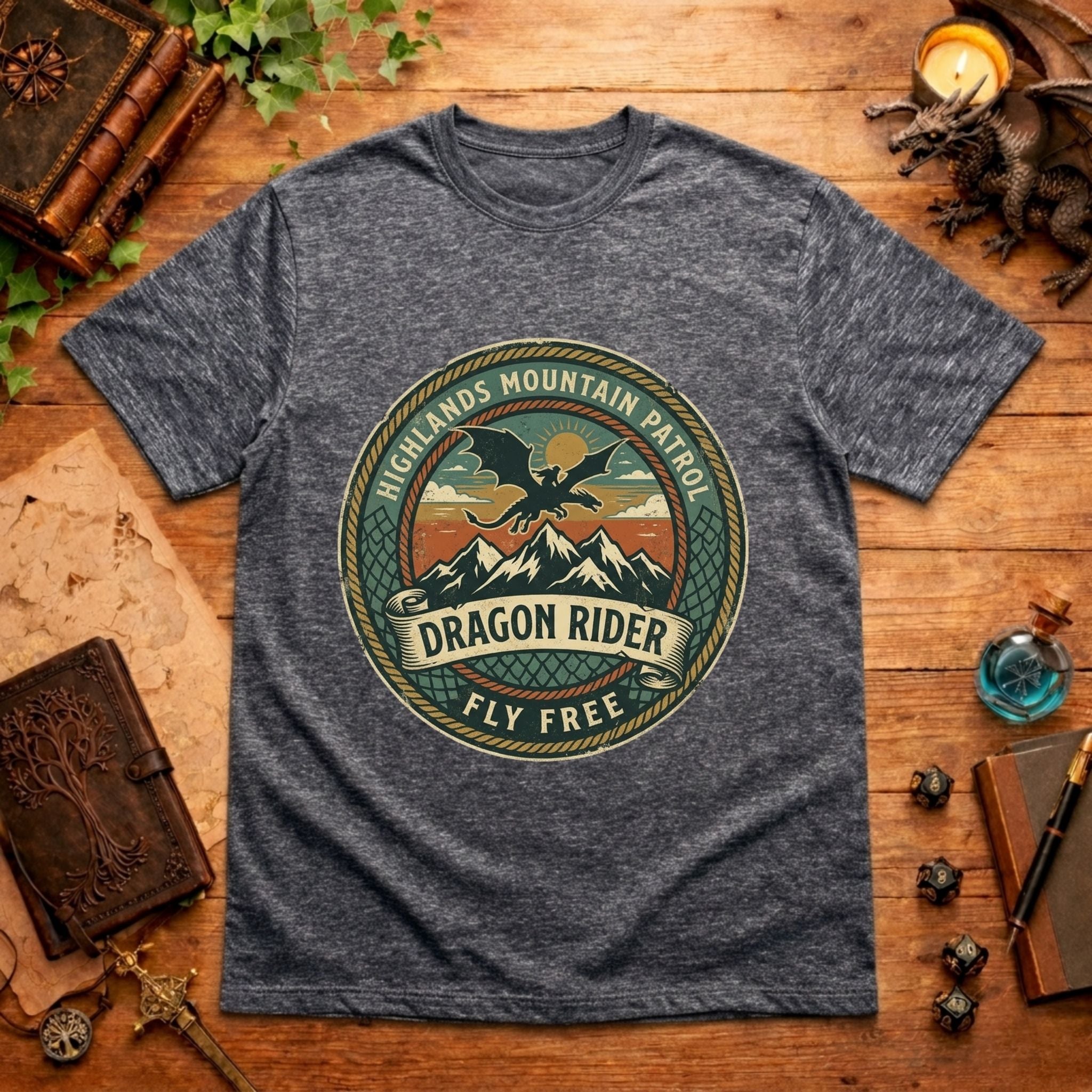 Highlands Mountain Patrol Dragon Rider T-Shirt | Vintage Adventure Logo