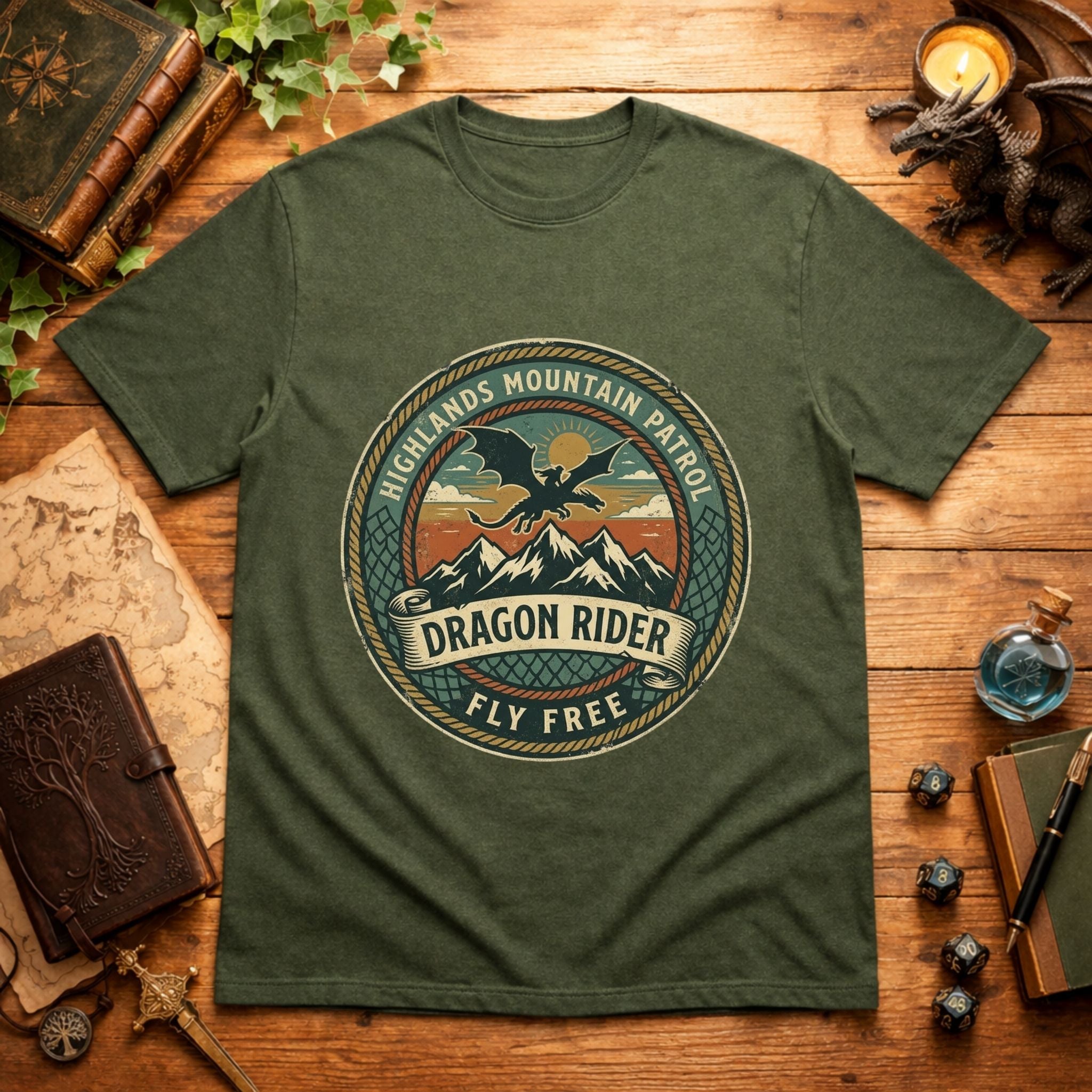 Highlands Mountain Patrol Dragon Rider T-Shirt | Vintage Adventure Logo