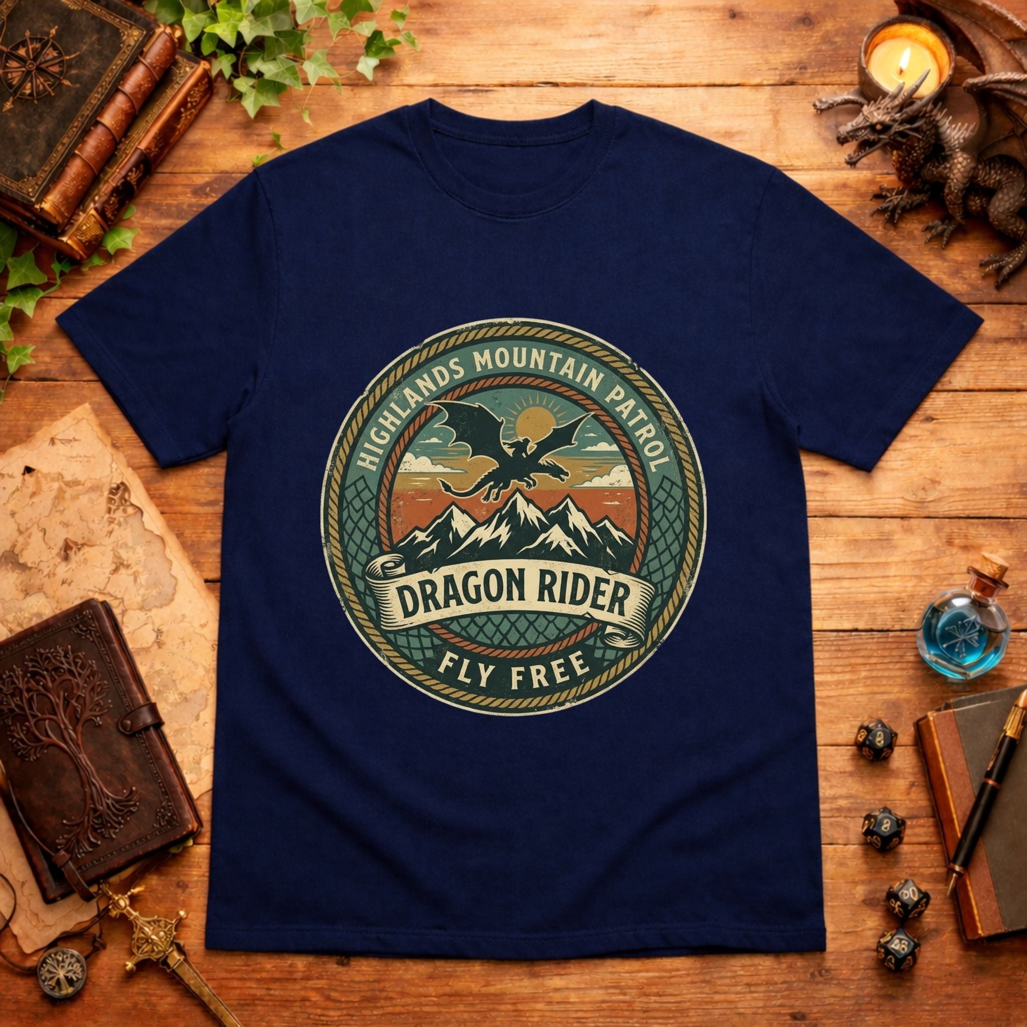 Highlands Mountain Patrol Dragon Rider T-Shirt | Vintage Adventure Logo