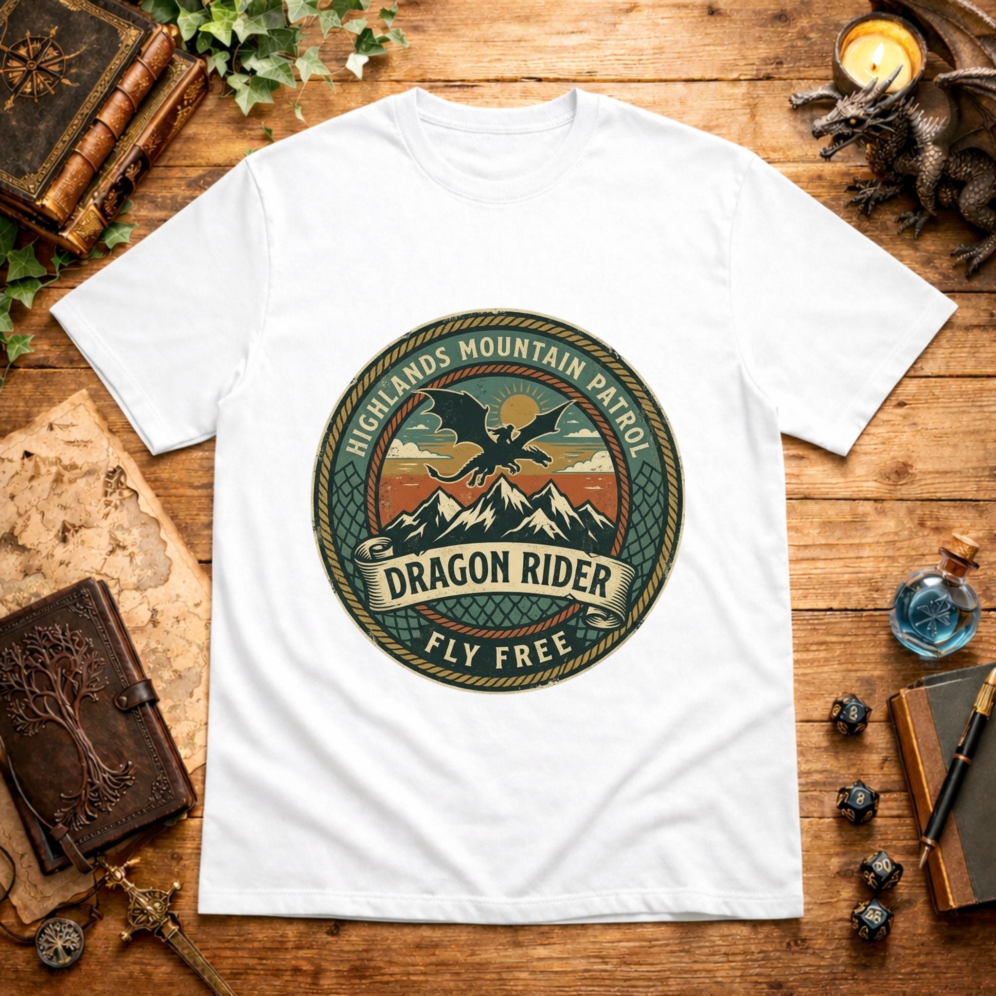 Highlands Mountain Patrol Dragon Rider T-Shirt | Vintage Adventure Logo